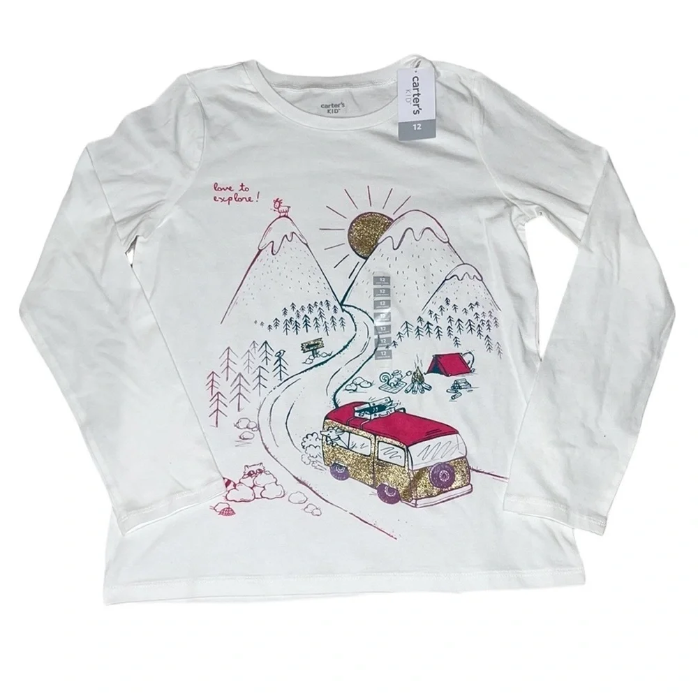 Carters Kid NWT Girls White Mountain Camping Long Sleeve Graphic Tee Shirt 12